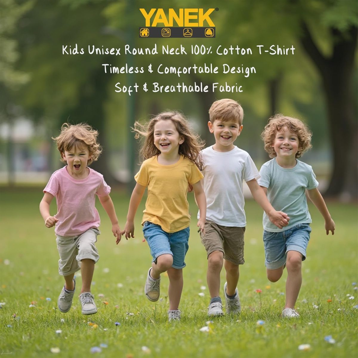 ⁦يانك تي شيرت قطن باكمام قصيرة ورقبة دائرية متعدد الاستخدامات للاولاد والبنات - سادة، تي شيرت مريح مثالي للمدرسة واللعب والارتداء الكاجوال⁩ - الصورة ⁦3⁩