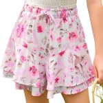 تنانير مزينة بالزهور للبنات الصغيرات بتصميم عصري مرن بخصر مرتفع وكشكشة ورباط سحب لعمر 5-14 سنة