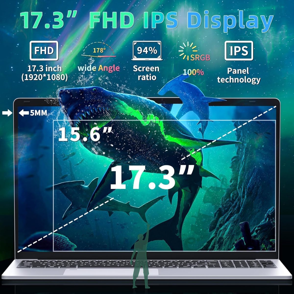 ⁦لابتوب اف اس جون ويندوز 11 برو/اوفيس 2019 بشاشة FHD 17.3 انش ومعالج سيليرون N5095 (حتى 2.9GHz) وDDR4 16GB RAM و512GB SSD وشاشة IPS FHD 1080P وقارئ بصمات وكيبورد باضاءة خلفية ومنفذ HDMI صغير و3 منافذ⁩ - الصورة ⁦3⁩