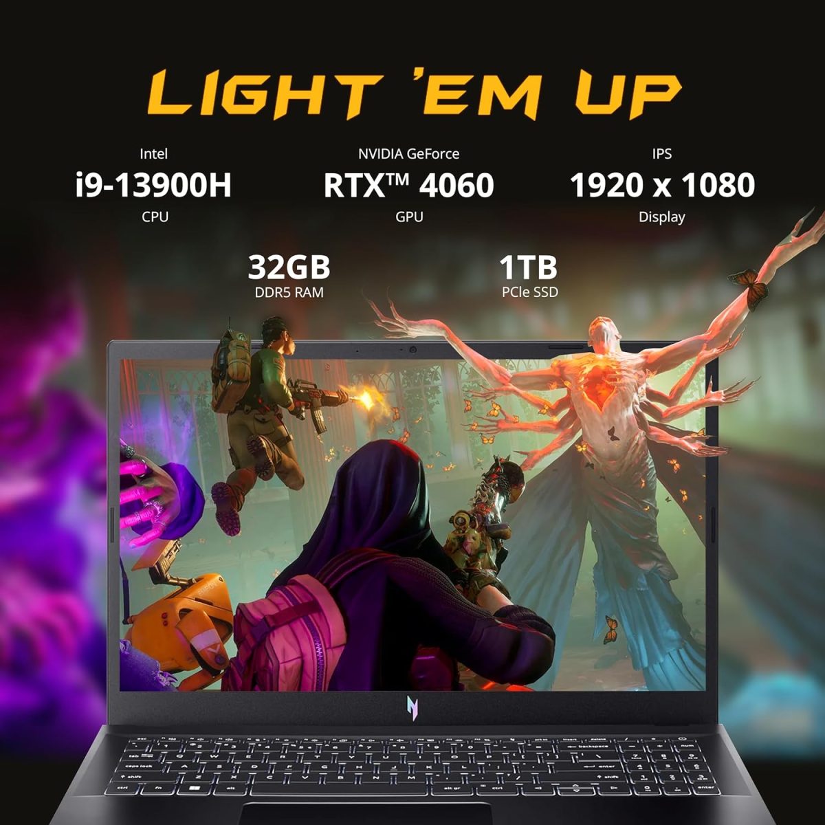 ⁦ايسر لابتوب العاب نيترو في 15 15.6 انش FHD IPS 144Hz انتل i9-13900H 32GB DDR5 1TB SSD جيفورس RTX 4060 8GB GDDR6 كيبورد باضاءة خلفية واي فاي 6 ويندوز 11 برو، اسود، مجموعة قاعدة شحن 256GB⁩ - الصورة ⁦3⁩