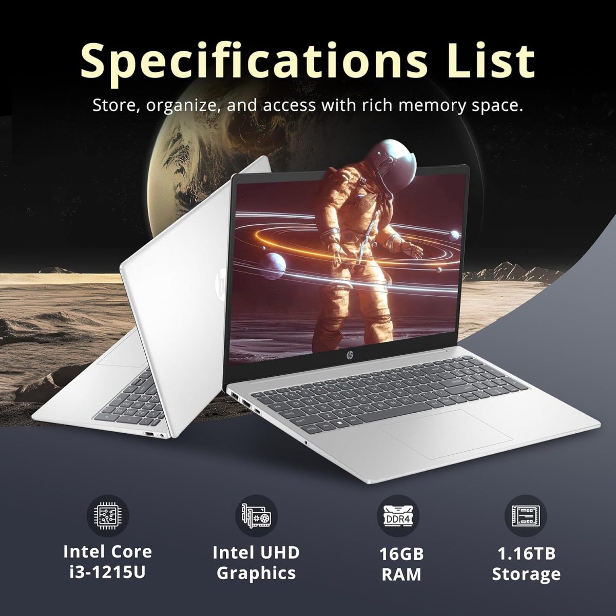 ⁦HP لابتوب بافليون بشاشة لمس HD مقاس 15.6 انش ومعالج انتل i3-1215U وذاكرة RAM 16GB وتخزين 1.16TB (SSD 1TB + قاعدة شحن 160GB) وبطاقة رسومات انتل UHD ولوحة ارقام وكاميرا ويب وواي فاي 6E وويندوز 11 برو⁩ - الصورة ⁦3⁩