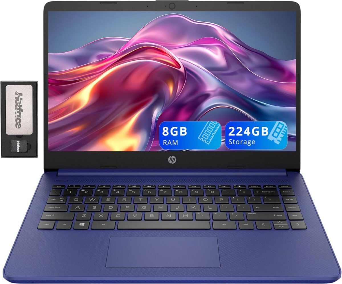 HP لابتوب ستريم 14 انش مايكرو ايدج HD، انتل سيليرون N4020، ذاكرة RAM 8GB، تخزين 224GB (مجموعة قاعدة شحن اي ام ام سي 64GB و160GB)، اوفيس 365 لمدة عام، كاميرا ويب، واي فاي 5، بلوتوث، ويندوز 11، ازرق