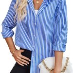 هابي تشيري بلوزة نسائية من القطن بازرار امامية واكمام طويلة وقبة V، قمصان انيقة فضفاضة مخططة