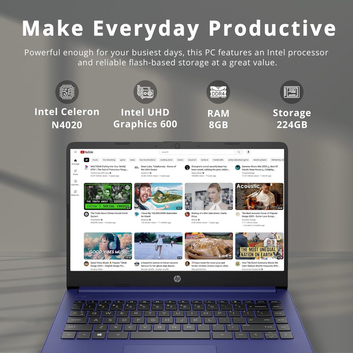 ⁦HP لابتوب ستريم 14 انش مايكرو ايدج HD، انتل سيليرون N4020، ذاكرة RAM 8GB، تخزين 224GB (مجموعة قاعدة شحن اي ام ام سي 64GB و160GB)، اوفيس 365 لمدة عام، كاميرا ويب، واي فاي 5، بلوتوث، ويندوز 11، ازرق⁩ - الصورة ⁦3⁩