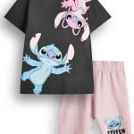ديزني طقم تي شيرت وشورت للبنات من ليلو اند ستيتش | تي شيرت رمادي داكن باكمام قصيرة وشورت زهري لركوب الدراجات | مجموعة ملابس ستيتش اند انجل | هدية بضائع من سلسلة الافلام