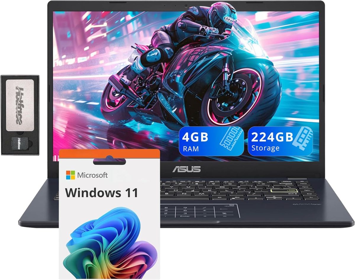 اسس لابتوب 14 انش FHD فائق الخفة، انتل بنتيوم N6000، ذاكرة RAM 4GB، تخزين 224GB (64GB eMMC + مجموعة قاعدة شحن 160GB)، بطاقة رسومات UHD، يعمل بالذكاء الاصطناعي، جاهز للكوبايلوت، عمر بطارية طويل، ويندوز