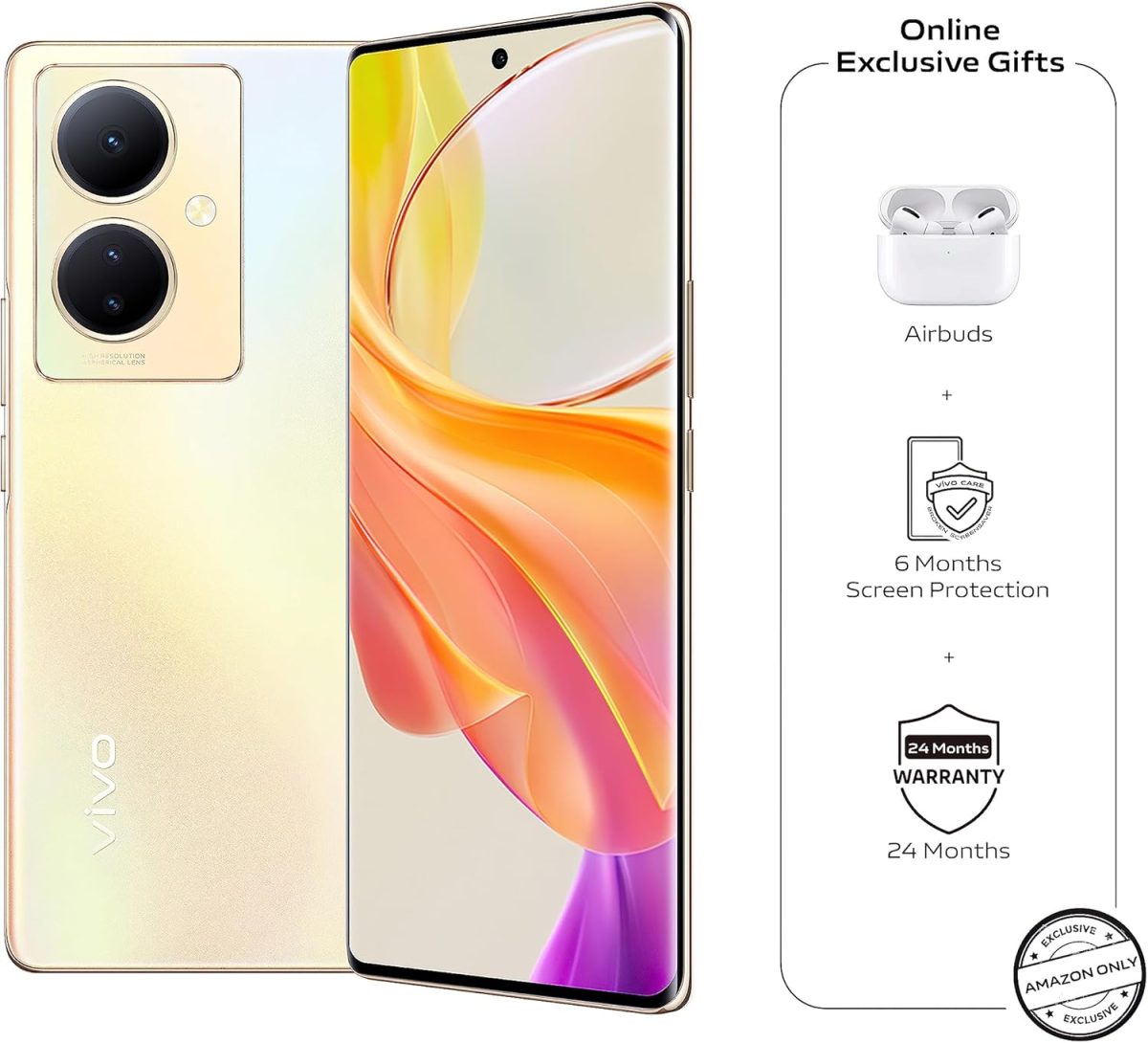 ⁦فيفو V29 لايت 5G ثنائي شرائح الاتصال (ذهبي دريمي، 12+8GB RAM، 256GB) شاشة AMOLED منحنية ثلاثية الابعاد 120Hz | كاميرا 64MP OIS | شحن 44 واط | NFC | شنطة ظهر، سماعات اذن + ضمان ممتد 24 متر + حماية شاشة⁩ - الصورة ⁦2⁩