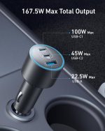 ⁦انكر شاحن سيارة 167.5 واط بحد اقصى 3 منافذ، محول سيارة USB-C لماك بوك برو/اير، سلسلة ايفون 16/15/14، سامسونج S24/S23، ايباد، هواوي، شاومي، فيفو واوبو (كيبل USB-C الى C متضمن)⁩ - الصورة ⁦2⁩