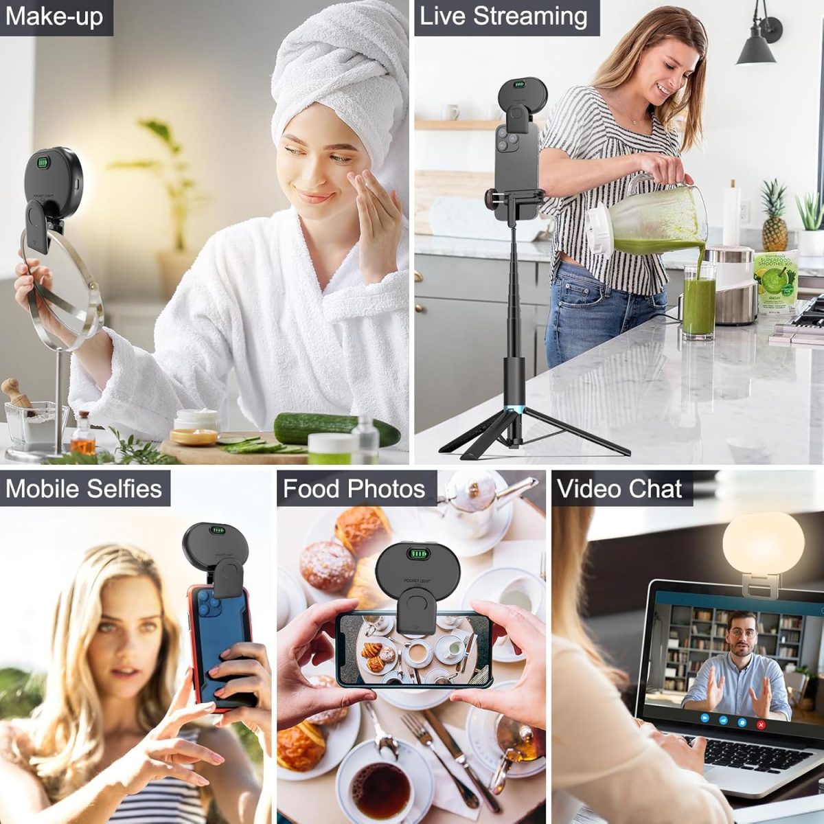 ⁦توبيب 80 مصباح LED لصور السيلفي بشاشة كاملة، حلقة اضاءة محمولة مع 3 اوضاع اضاءة و10 مستويات ساطعة، CRI 95+، مصباح جوال قابل لاعادة الشحن 2000mAh مع مشبك لايفون واندرويد والتابلت وفيديو تيك توك⁩ - الصورة ⁦5⁩