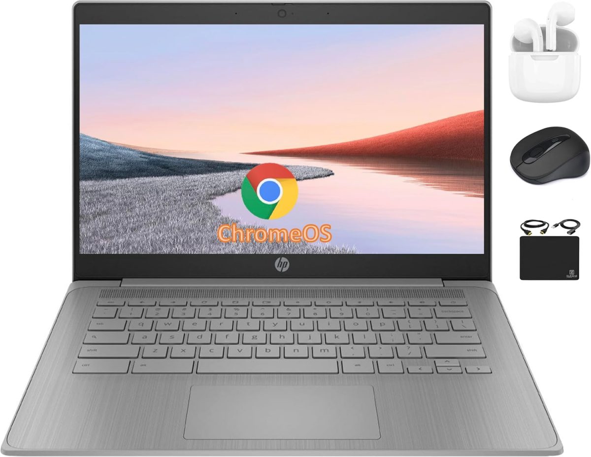 HP لابتوب كروم بوك 14 انش HD فلاجشيب للطلاب والاعمال، معالج سيليرون رباعي النواة N4120، ذاكرة RAM 4GB، تخزين 192GB (64GB eMMC + بطاقة 128GB)، كاميرا ويب، واي فاي، بطارية طويلة، كروم OS+ ملحق هابكسيل