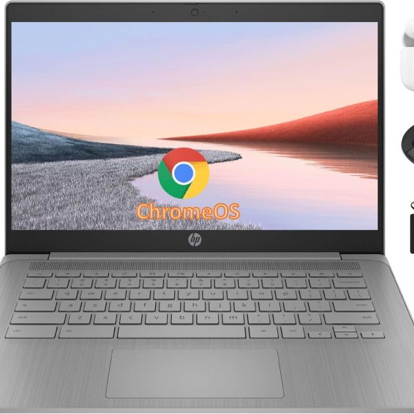 HP لابتوب كروم بوك 14 انش HD فلاجشيب للطلاب والاعمال، معالج سيليرون رباعي النواة N4120، ذاكرة RAM 4GB، تخزين 192GB (64GB eMMC + بطاقة 128GB)، كاميرا ويب، واي فاي، بطارية طويلة، كروم OS+ ملحق هابكسيل
