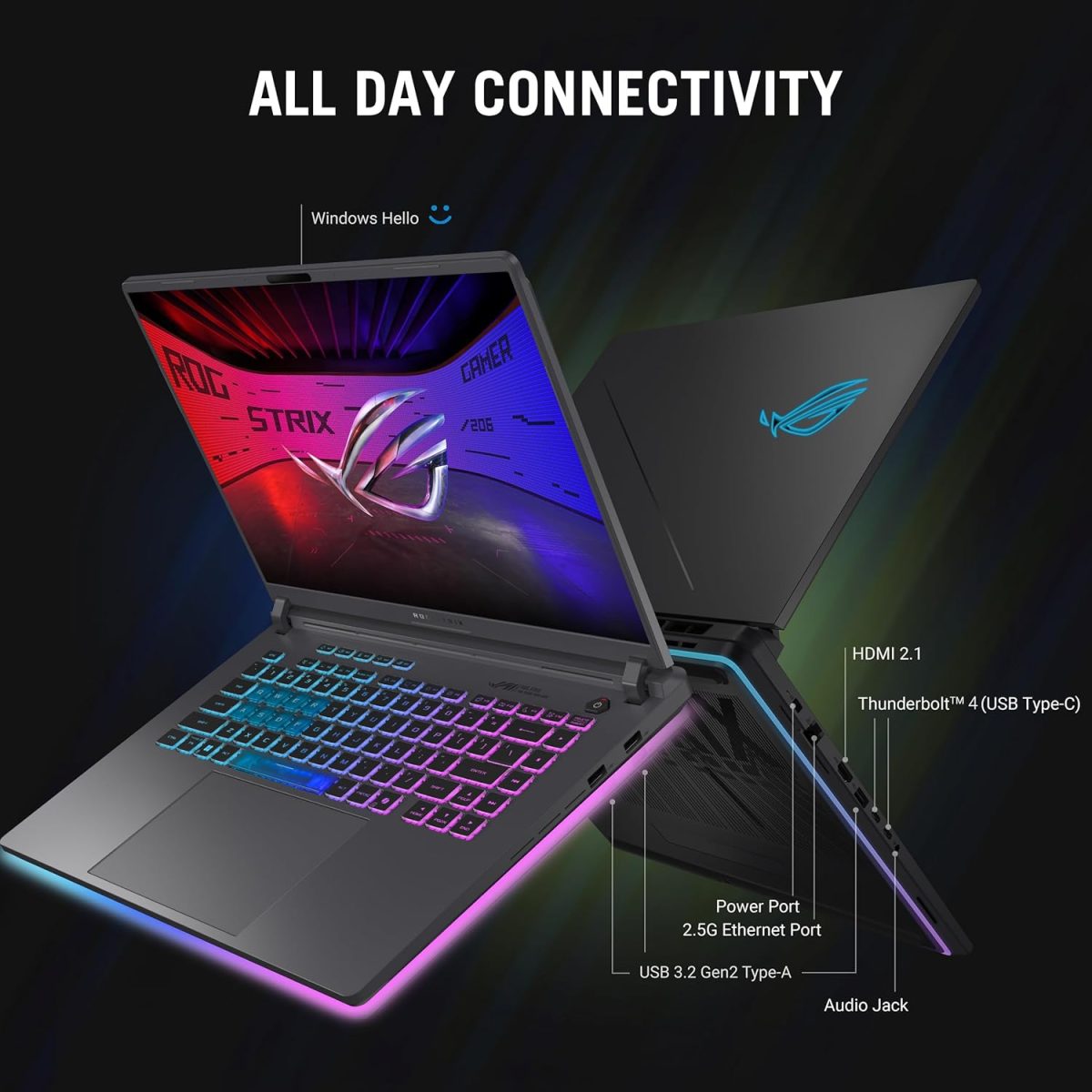 ⁦ASUS ROG Strix G16 (2025) Gaming Laptop, 16” ROG Nebula Display 16:10 2.5K 240Hz/3ms, NVIDIA® GeForce RTX™ 5060 GPU, Intel® Core™ Ultra 9 Processor 275HX, 16GB DDR5, 1TB SSD, Wi-Fi 7, Wind11 Home⁩ - الصورة ⁦9⁩