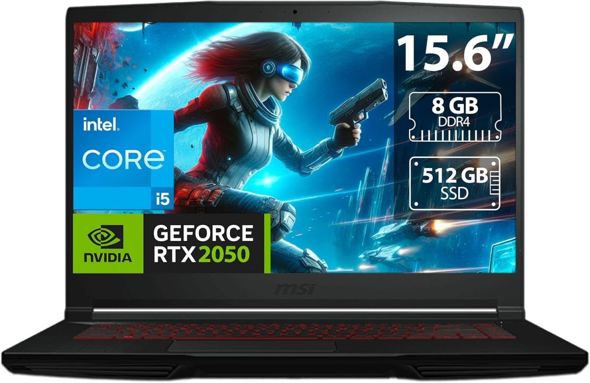 MSI لابتوب العاب Gf63 رفيع 12Ucx بشاشة 15.6 FHD 144Hz ومعالج انتل كور I5 12450H وذاكرة RAM 8GB وSSD 512GB وانفيديا جيفورس Rtx 2050 4GB وكيبورد انجليزي باضاءة خلفية وويندوز 11 هوم مقاس 48×33×9 سم، اسود