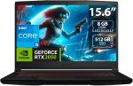 MSI لابتوب العاب Gf63 رفيع 12Ucx بشاشة 15.6 FHD 144Hz ومعالج انتل كور I5 12450H وذاكرة RAM 8GB وSSD 512GB وانفيديا جيفورس Rtx 2050 4GB وكيبورد انجليزي باضاءة خلفية وويندوز 11 هوم مقاس 48×33×9 سم، اسود