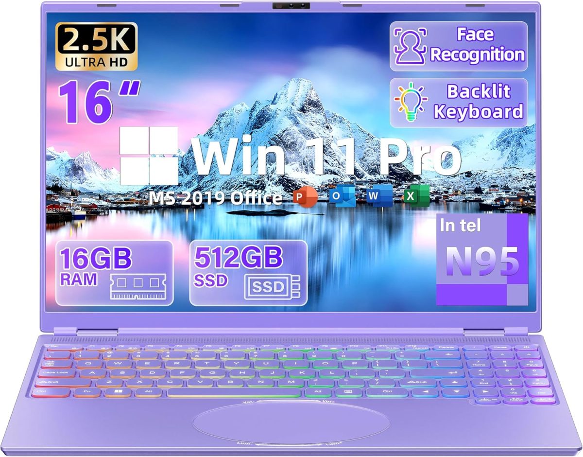 New 16" Purple Laptop,Ultra-Narrow Bezel 2.5K QHD IPS (2560x1600),in tel N95 (3.4GHz),16GB RAM 512G SSD,Color Backlit KB, Face Unlock,USB-C/HDMI/WiFi/BT,Win 11 Pro, for Business Study Entertainment