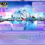 New 16" Purple Laptop,Ultra-Narrow Bezel 2.5K QHD IPS (2560x1600),in tel N95 (3.4GHz),16GB RAM 512G SSD,Color Backlit KB, Face Unlock,USB-C/HDMI/WiFi/BT,Win 11 Pro, for Business Study Entertainment