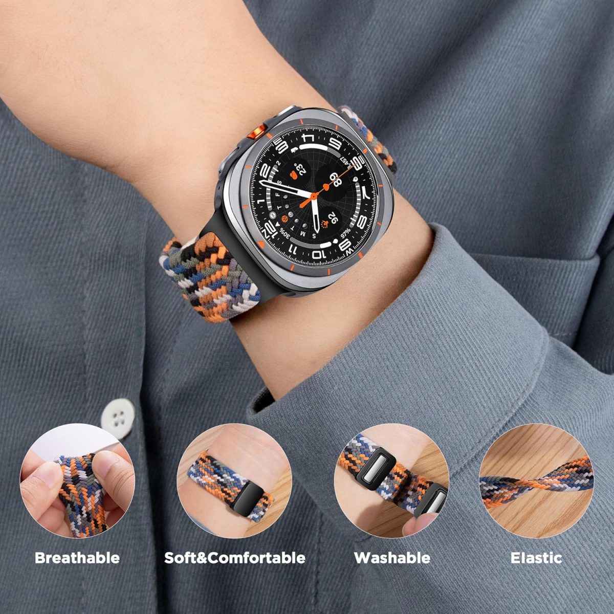 ⁦Compatible with Samsung Galaxy Watch Ultra Strap Quick Release Nylon Straps with Magnetic Metal Buckle, Adjustable Stretchy Sport Watch Band for Galaxy Watch Ultra 47mm⁩ - الصورة ⁦4⁩