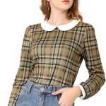 اليجرا كيه بلوزة نسائية منقوشة بياقة بيتر بان واكمام منفوخة متباينة للكريسماس وحفلات الكريسماس