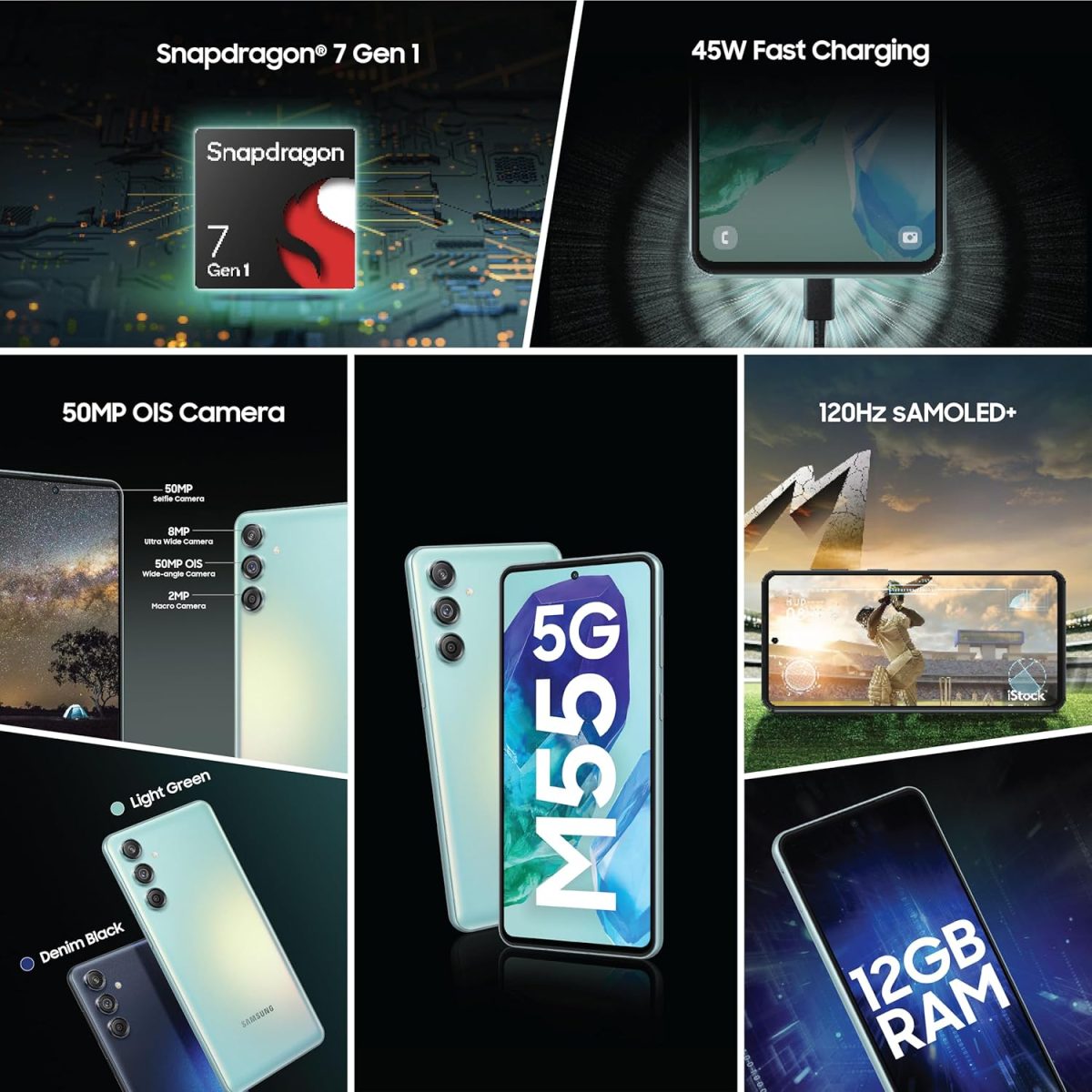 ⁦سامسونج جوال جالكسي M55 ثنائي شرائح الاتصال بذاكرة روم 256GB وذاكرة RAM 8GB (جي اس ام فقط | بدون سي دي ام ايه) هاتف ذكي 5G مفتوح من المصنع (ازرق داكن) - اصدار عالمي⁩ - الصورة ⁦3⁩