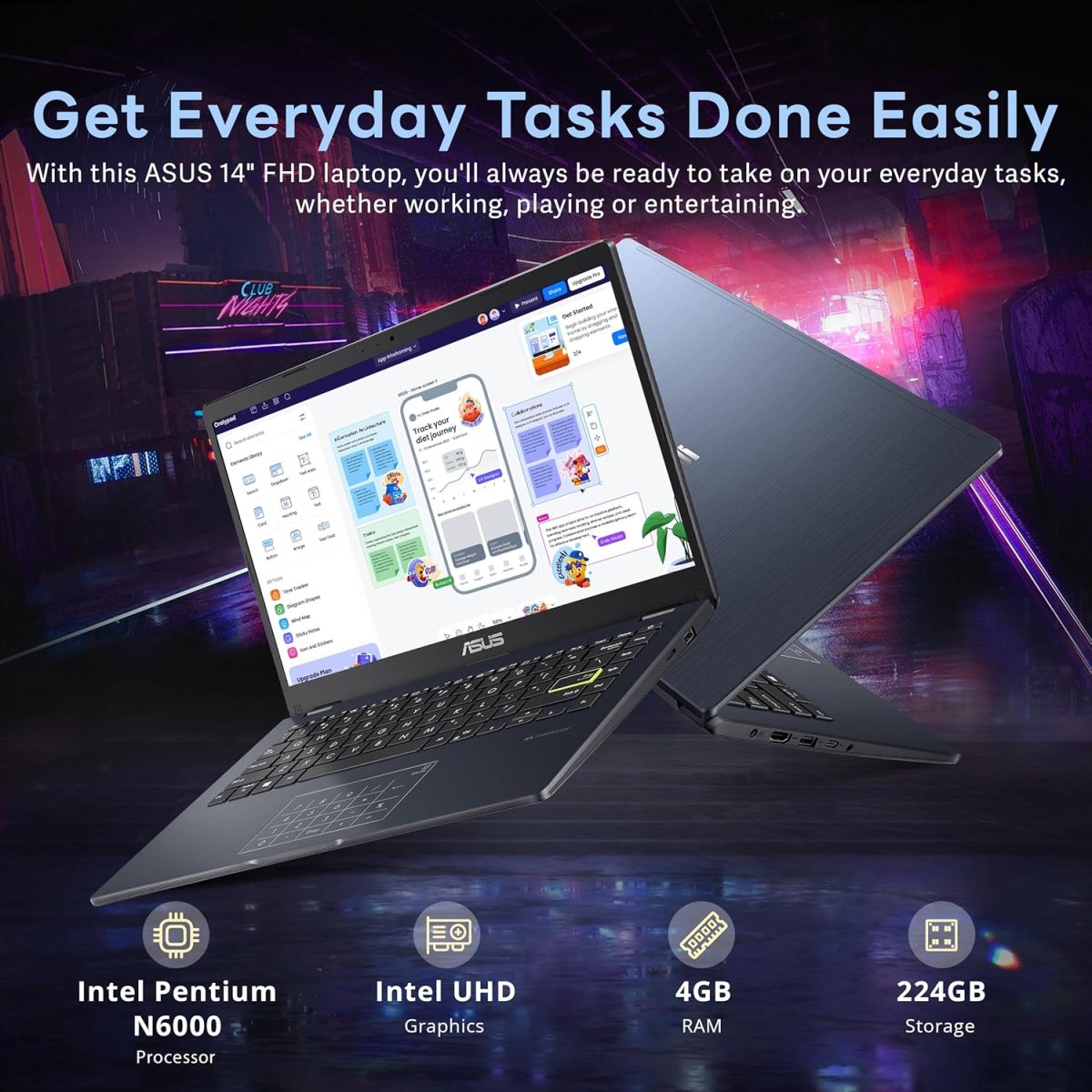 ⁦اسس لابتوب 14 انش FHD فائق الخفة، انتل بنتيوم N6000، ذاكرة RAM 4GB، تخزين 224GB (64GB eMMC + مجموعة قاعدة شحن 160GB)، بطاقة رسومات UHD، يعمل بالذكاء الاصطناعي، جاهز للكوبايلوت، عمر بطارية طويل، ويندوز⁩ - الصورة ⁦3⁩