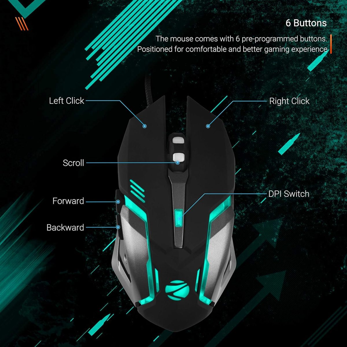 ⁦زيبرونيكس ماوس العاب ضوئي USB مع تاثير LED من زيب-ترانسفورمر-ام (اسود)⁩ - الصورة ⁦4⁩