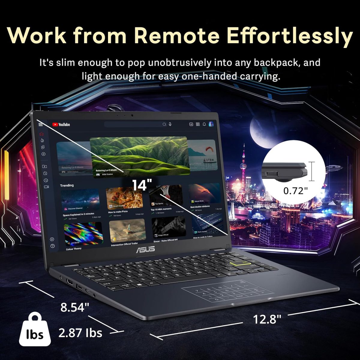 ⁦اسس لابتوب 14 انش FHD فائق الخفة، انتل بنتيوم N6000، ذاكرة RAM 4GB، تخزين 224GB (64GB eMMC + مجموعة قاعدة شحن 160GB)، بطاقة رسومات UHD، يعمل بالذكاء الاصطناعي، جاهز للكوبايلوت، عمر بطارية طويل، ويندوز⁩ - الصورة ⁦7⁩