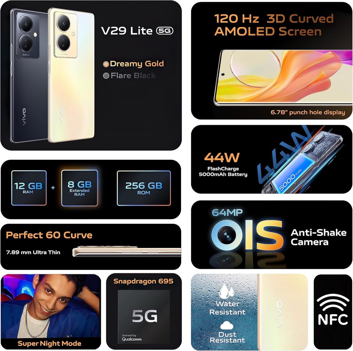 ⁦فيفو V29 لايت 5G ثنائي شرائح الاتصال (ذهبي دريمي، 12+8GB RAM، 256GB) شاشة AMOLED منحنية ثلاثية الابعاد 120Hz | كاميرا 64MP OIS | شحن 44 واط | NFC | شنطة ظهر، سماعات اذن + ضمان ممتد 24 متر + حماية شاشة⁩ - الصورة ⁦6⁩