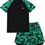 سيور بدلة سباحة للاولاد من قطعتين باكمام قصيرة مع سروال سباحة للاطفال الكبار، ملابس سباحة للشاطئ وركوب الامواج من 9-15 سنة