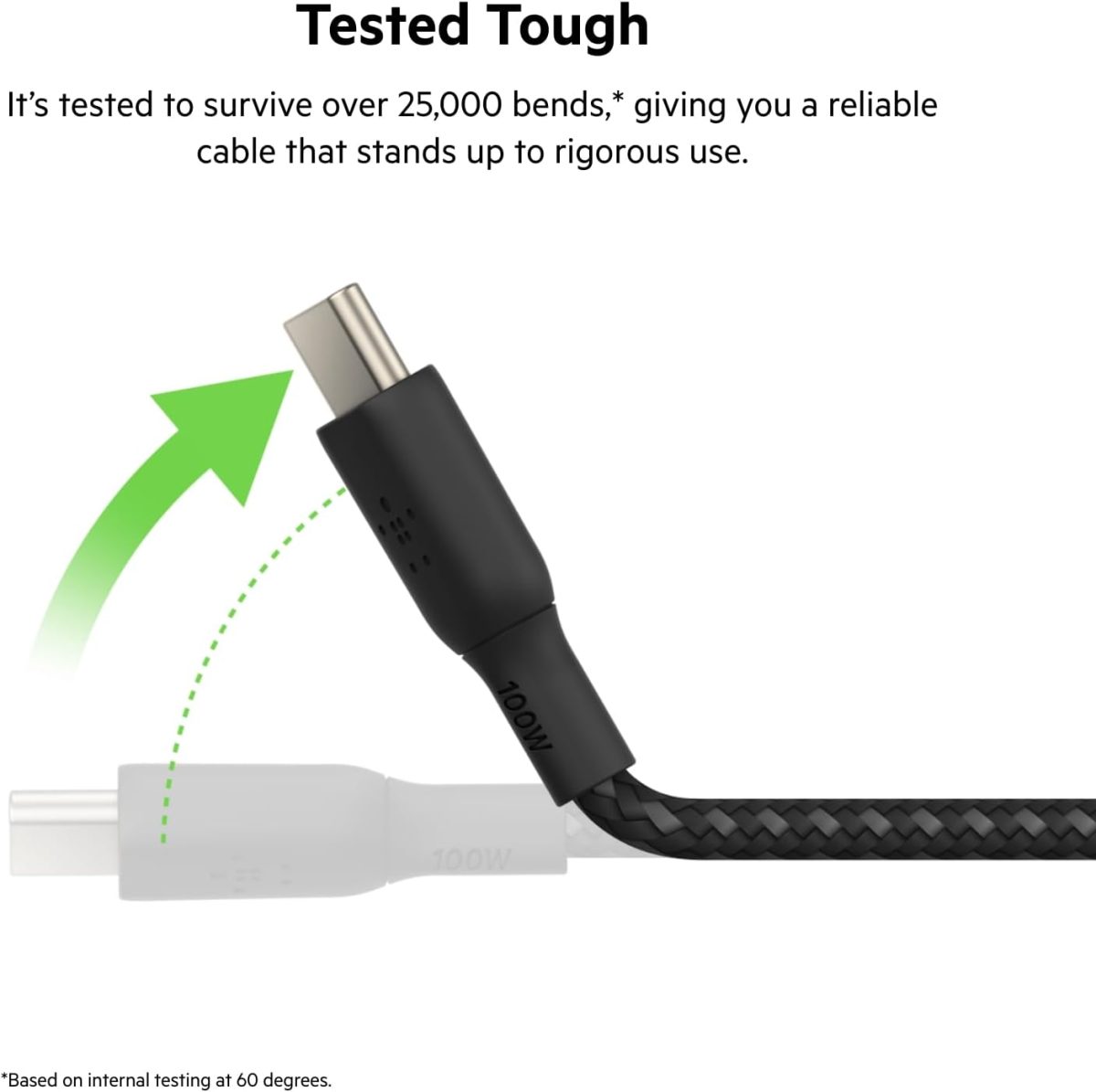 ⁦كيبل USB C مزدوج مضفر 100 واط توصيل طاقة شحن سريع الى (اسود)، 2 متر، CAB014bt2MBK، قطعة واحدة من بيلكن⁩ - الصورة ⁦3⁩