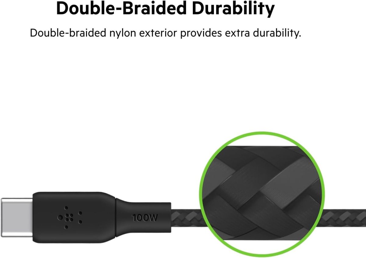 ⁦كيبل USB C مزدوج مضفر 100 واط توصيل طاقة شحن سريع الى (اسود)، 2 متر، CAB014bt2MBK، قطعة واحدة من بيلكن⁩ - الصورة ⁦4⁩
