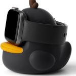 حامل شحن للساعة الذكية على شكل بطة، حامل سيليكون ممتاز مع منظم للكيبلات، اسود