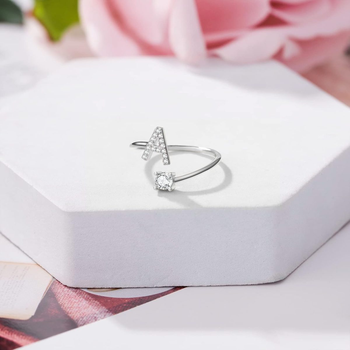 ⁦Haoze Initial Letter Ring for Women Silver Stackable Alphabet Rings with Initial Adjustable Crystal Inlaid Initial Rings Bridesmaid Gift⁩ - الصورة ⁦4⁩
