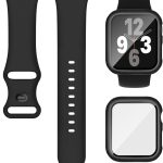 متوافق مع سوار ساعة ابل 40 ملم 41 ملم 44 ملم 45 ملم وحافظة مع واقي شاشة، سوار رياضي من السيليكون الناعم وغطاء واقي مع زجاج مقوى لسلسلة اي ووتش 9 8 7 اس اي 6 5 4