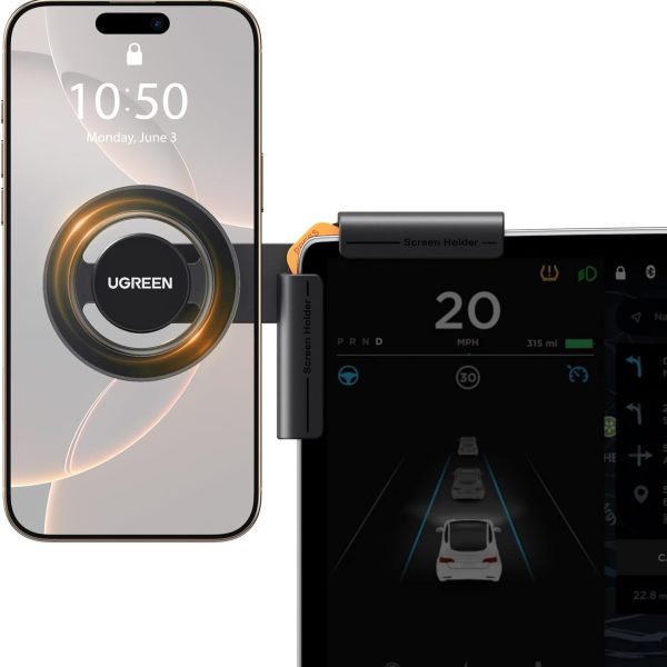 يوجرين حامل هاتف سيارة ماجسيف لـ Tesla، [مغناطيس قوي 18]، [دوران 360 درجة]، [قفل بنقرة واحدة]، حامل هاتف محمول لـ Tesla، مناسب لهاتف iPhone 16/15/14، Samsung S25/24/23