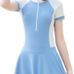 هابي تشيري - زي سباحة للفتيات الصغيرات للحماية من الشمس مكون من قطعة واحدة/قطعتين بسحاب واكمام قصيرة مع تنورة سباحة واقية من الطفح الجلدي، بدلة سباحة للشاطئ الصيفية للعطلات والشاطئ