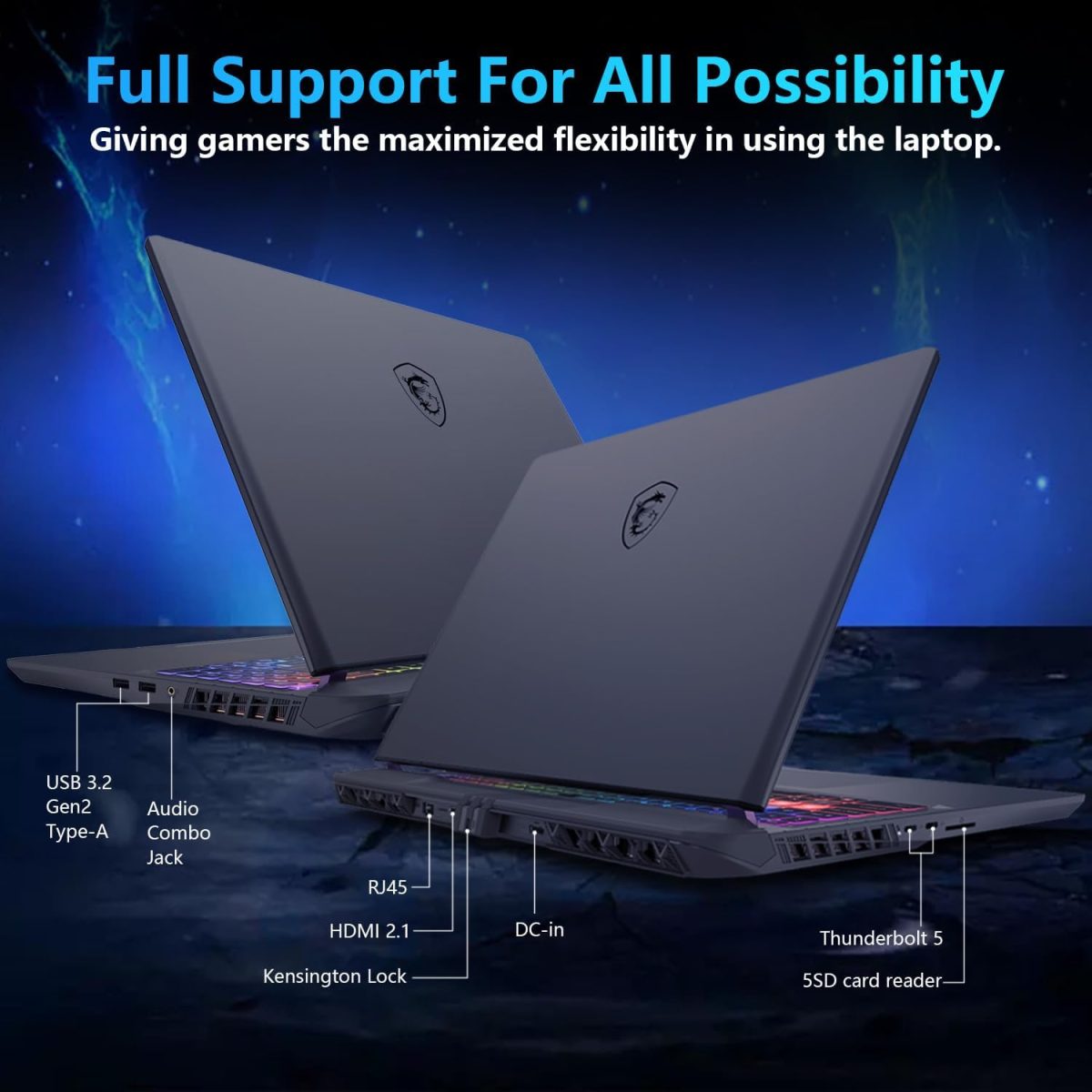 ⁦MSI لابتوب العاب فيكتور 16 HX RTX 5080 16 انش QHD+ 240Hz الترا 9 275HX (افضل من i9-14900HX)، انفيديا جيفورس RTX 5080 AI برو، 64GB DDR5، 4TB SSD، اضاءة خلفية RGB، حزمة مع مبرد قابل للطي⁩ - الصورة ⁦6⁩