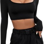 تي شيرت نسائي قصير بقبة مفتوحة واكمام طويلة من جورجليتر، قميص مثير بقصة ضيقة