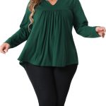 اجنيس اورندا بلايز مقاس كبير للنساء برقبة مشقوقة واكمام طويلة وطيات امامية