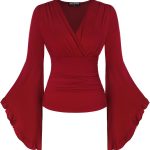 سكارليت داركنيس قميص نسائي من عصر النهضة بقبة V واكمام جرس طويلة ملفوف كاجوال مكشكش