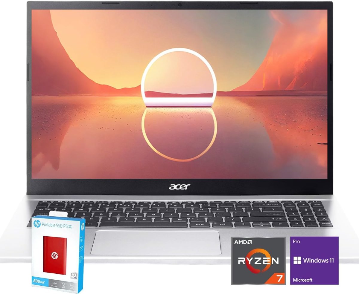 ايسر لابتوب اسباير 3 بشاشة 15.6 انش FHD (1920×1080) ومعالج AMD راديون ثماني النواة AMD رايزن 7-5700U وذاكرة RAM 32GB وSSD 1TB (512GB PCIe SSD مع اتش بي P500 512GB SSD محمول) منفذ ايثرنت وويندوز 11 برو