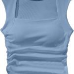 بلوزة بدون اكمام للنساء بقبة مربعة مكشكشة من جورجليتر، صدرية مبطنة مدمجة بقصة ضيقة لليوغا