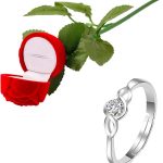 خاتم خطوبة معدني بقاعدة كريستال، مع صندوق خاتم زهري احمر مخملي للنساء والفتيات من يلو تشيمز