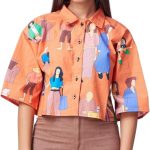 قميص كوري طويل بقصة عادية وتصميم جرافيك للنساء من جريسي لوكس (GL-W2025_برتقالي_مقاس XL)