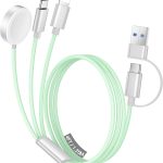 تيمدان شاحن ساعة ابل، كيبل USB C 3 في 2 لشاحن ايفون 16/نوع سي/لايتنينج، سلك كابل شحن متعدد، اساسيات السفر المحمولة مصمم لساعة اي ووتش الترا/اس اي/10-1 وايفون 16-12-4 قدم، اخضر