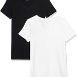 تي شيرت نسائي كلاسيكي باكمام قصيرة ورقبة على شكل حرف V من أمازون اسنشيالز، عبوة من قطعتين، اسود/ابيض، مقاس M