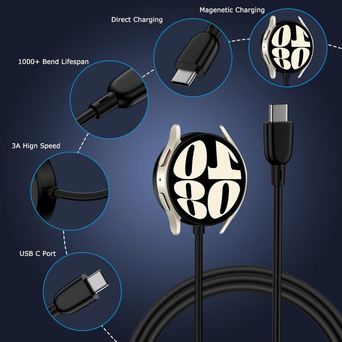 ⁦شاحن ساعة سامسونج بمنفذ USB C للشحن السريع لساعة سامسونج جالكسي 8/8 كلاسيك/7/6 كلاسيك/6/5 برو/5/4/4 كلاسيك/3/اكتيف 2/اكتيف 1، قاعدة شحن لاسلكية مغناطيسية مع سلك كابل من النوع C بطول 3 قدم⁩ - الصورة ⁦4⁩