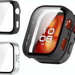 [عبوتان] جراب صلب من البولي كربونات مع شاشة حماية من الزجاج المقوى لساعة هواوي فيت 4 برو (2025)، غطاء رفيع للغاية مقاوم للخدش (شفاف + اسود)