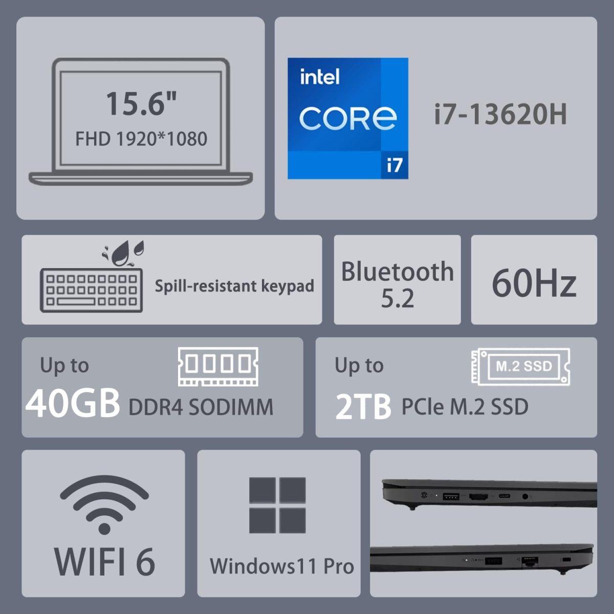 ⁦لينوفو لابتوب في-سيريز V15 للاعمال بشاشة 15.6 انش FHD 1920 × 1080 ومعالج انتل كور i7-13620H جيل 13 وذاكرة RAM 40GB وSSD 1TB وكاميرا ويب وواي فاي 6 وويندوز 11 برو، اسود مع اي داتا 512GB SSD خارجي⁩ - الصورة ⁦2⁩