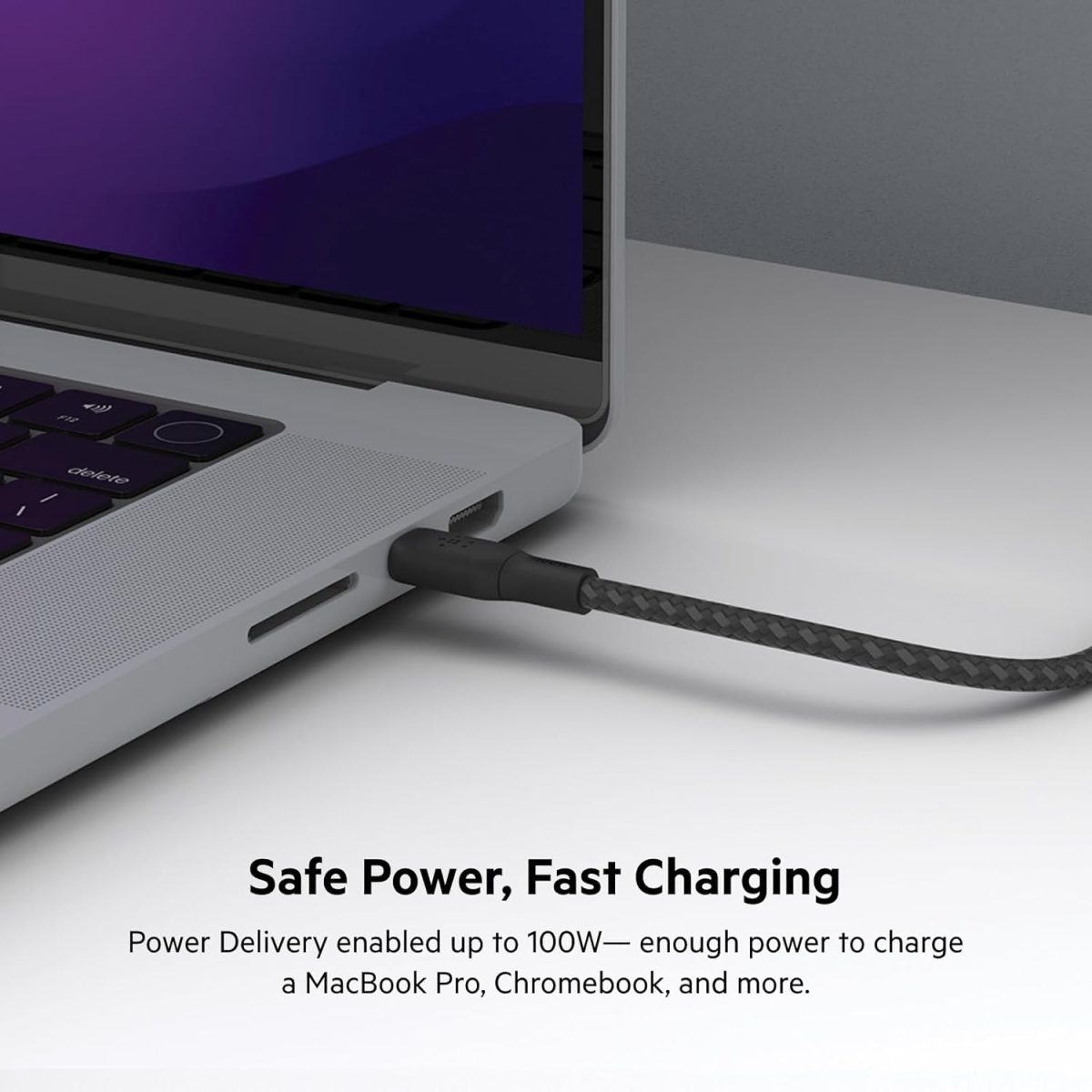 ⁦كيبل USB C مزدوج مضفر 100 واط توصيل طاقة شحن سريع الى (اسود)، 2 متر، CAB014bt2MBK، قطعة واحدة من بيلكن⁩ - الصورة ⁦2⁩