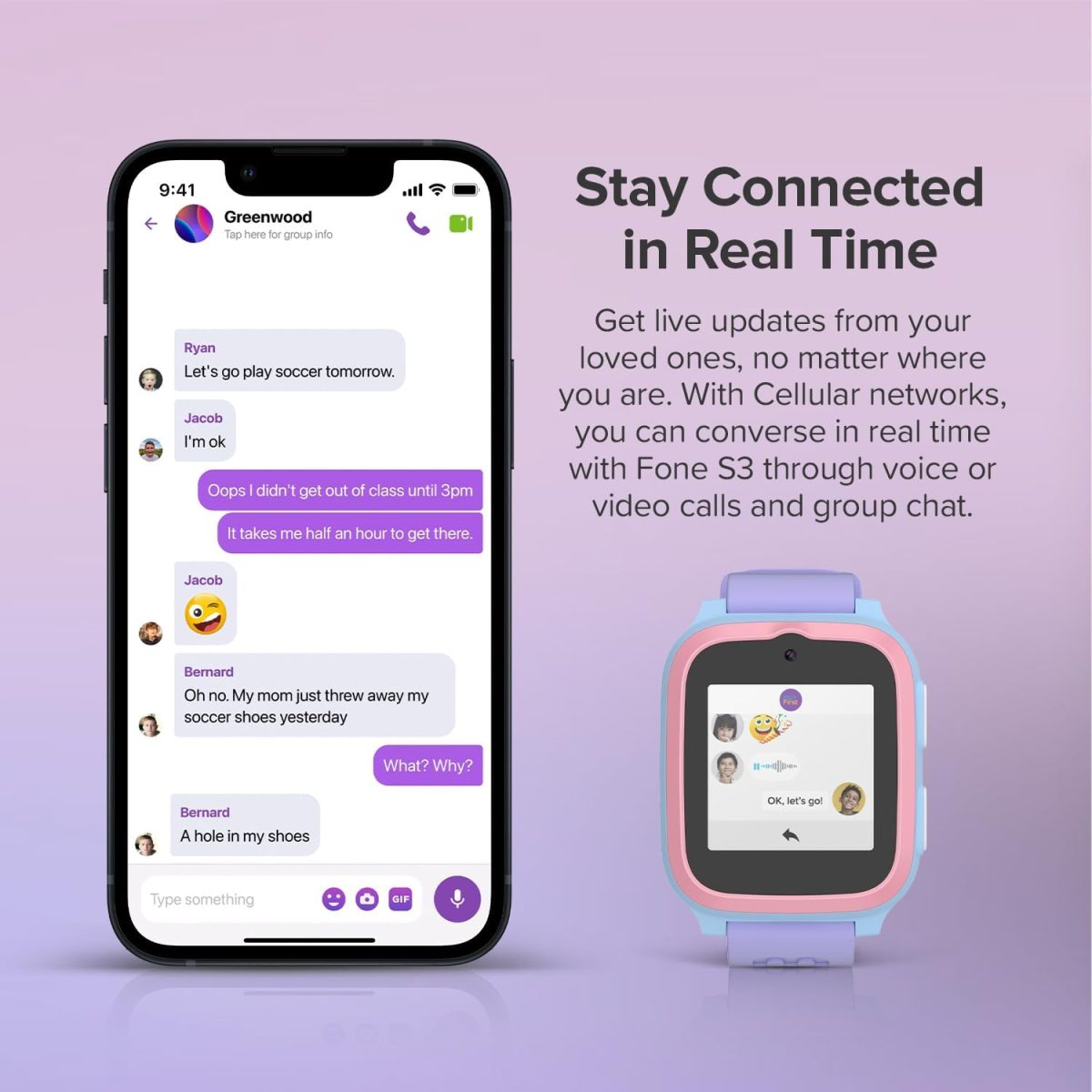 ⁦ماي فيرست ساعة ذكية S3 للاطفال من فون مع جهاز تتبع GPS ومكالمات فيديو/صوتية وساعة ابل للاطفال، شريحة اتصال مجانية واشتراك لمدة شهر واحد، مزيج حلوى القطن⁩ - الصورة ⁦2⁩